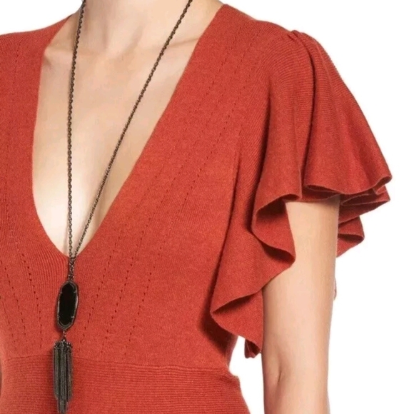 Free People Rust Red Knit Flutter Sleeve Dress NWT $148 Size S - Picture 2 of 12